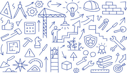 Construction and Engineering Doodle Collection with Tools and Symbols building industry