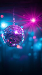 Obraz premium Shiny disco ball reflecting colorful lights in nightclub. 