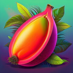 Vibrant Fruit in Botanical Splendor: A captivating cross-section of a tropical fruit is revealed, with its vivid core and outer shell set against a backdrop of lush foliage. 