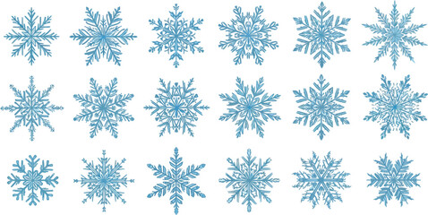 Eighteen Detailed Blue Snowflake Set with Transparent Background in Watercolor Style