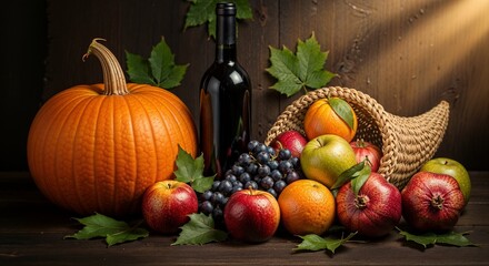 Vibrant Harvest Still Life With Pumpkin, Wine, And Cornucopia Of Fruits
