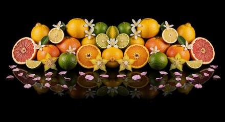 Vivid Citrus Fruits With Blossoms And Petals In Symmetrical Still Life
