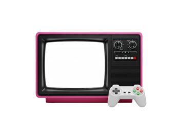 Vibrant pink vintage CRT TV with blank white screen, classic controls, next to a retro gaming controller, isolated on transparent, commercial product concept