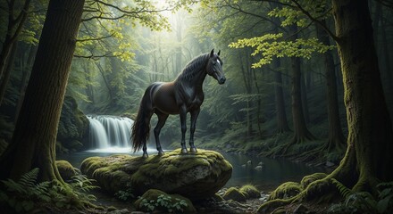 Majestic Black Horse In Enchanted Forest With Waterfall
