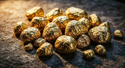 Raw Gold Nuggets on Rugged Stone Surface with Metallic Luster
