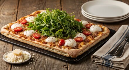 Freshly Baked Rectangular Pizza with Arugula, Tomatoes, and Mozzarella
