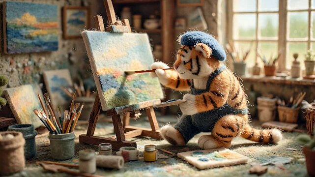 Tiger artist painting on easel in cozy studio with artistic supplies