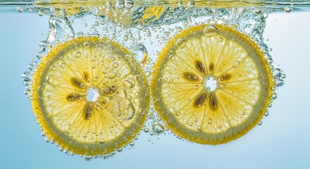 Two Lemon Slices Floating in Bubbling Water
