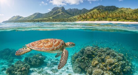 A Sea Turtle Swimming Beneath Tropical Island Waters
