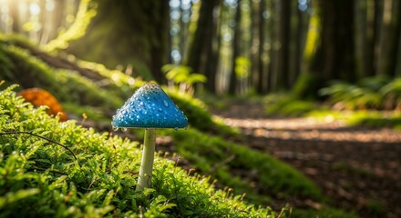 A Single Mushroom Rising from Mossy Forest Floor
