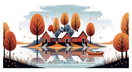 Three Red Lakeside Houses with Autumn Reflections
