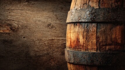 Old oak beer barrel background with rustic wooden texture and visible grain, subtle condensation and droplets, warm golden amber tones, soft studio lighting, minimal clean design, traditional brewery.