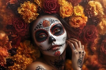 Dia de los Muertos: Woman with sugar skull makeup on floral background