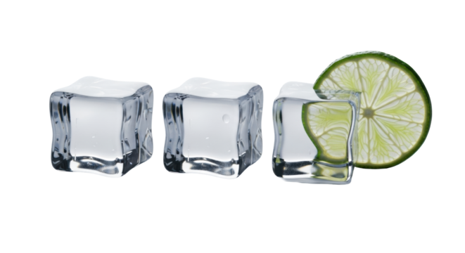 Three crystal clear, geometrically perfect ice cubes in a linear row, with a vibrant green, translucent lime wheel placed beside them, on a seamless transparent background with diffused lighting, - Powered by Adobe