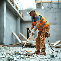 Construction worker cleaning debris at a building site. Featuring cleanliness and organization