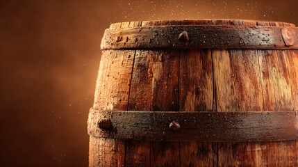Naklejka premium Old oak beer barrel background with rustic wooden texture and visible grain, subtle condensation and droplets, warm golden amber tones, soft studio lighting, minimal clean design, traditional brewery.