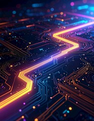 Illuminated Circuit Board: An intricate network of circuits glows with electric energy, displaying a digital world of modern technology.