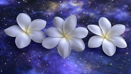 Fototapeta premium Three frangipanis float on a starry, blurred cosmos backdrop