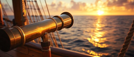 Telescope on ship observing sunset over ocean.