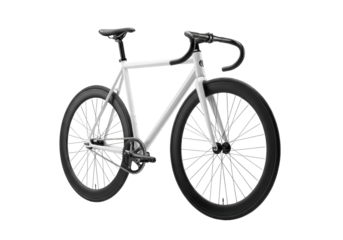 Sleek white fixed-gear bicycle with matte black wheels and matching helmet in a high-key studio, perfectly lit against a seamless transparent background, elegant product photography concept