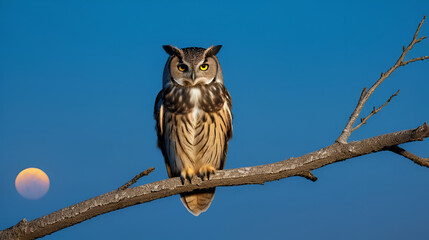 elegant owl perched silently on barren branch against dusky sky exhibiting nature nocturnal elegance