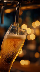 Glass of beer being poured from tap with bokeh background. 
