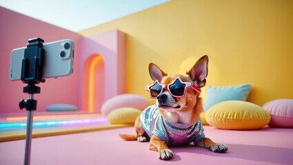 Confident Chihuahua Posing In Colorful Studio With Sparkly Shirt And Pink Sunglasses