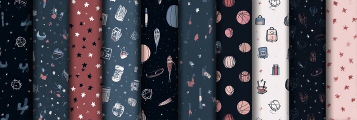 Various playful patterns showcase space themes, sports motifs, and everyday objects on a dark background, creating a vibrant textile display.