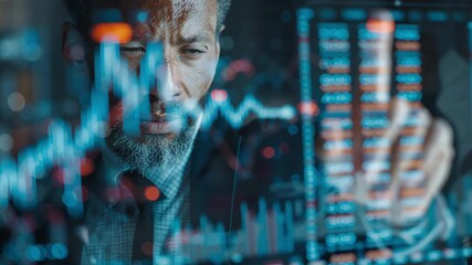 Close-up of man interacting with digital stock chart on transparent screen. Concept of trading, finance, data analysis and technology - Powered by Adobe