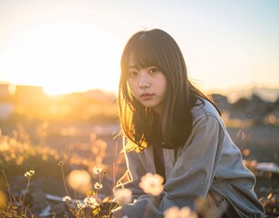 Social Reportage Full-Body Shot: Young Woman's Complex Expression of Loss and Hope After Disaster
