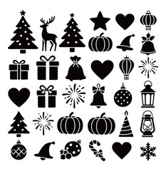 Holiday and Seasonal Celebration Icons Set: Christmas Tree, Gift, Heart, and Pumpkin Silhouettes
