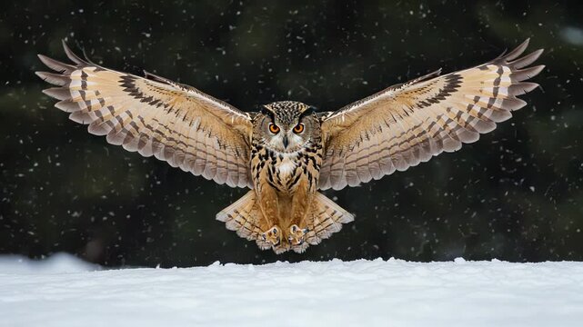 Eurasian eagle owl in flight with wings spread wide over snow