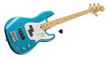 Vibrant teal blue electric bass guitar, white pickguard, maple neck, chrome hardware, and black pick, on solid transparent background, no shadows, 45-degree, concept of high quality product