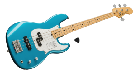 Vibrant teal blue electric bass guitar, white pickguard, maple neck, chrome hardware, and black pick, on solid transparent background, no shadows, 45-degree, concept of high quality product
