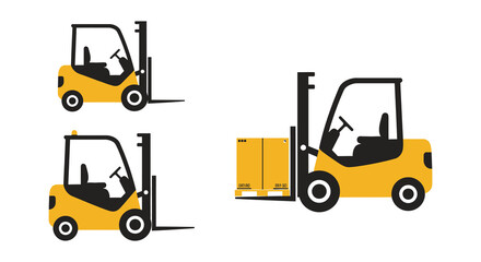 Simple illustration depicting yellow forklifts in various positions and sizes