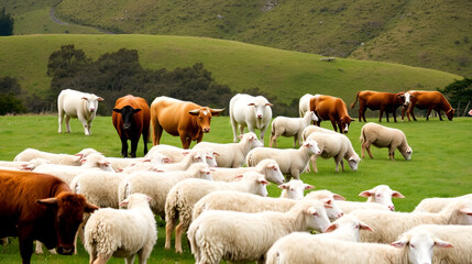 A herd of Hereford cattle and sheep graze together on a hillside farm in Duder Regional Park, Auckland, New Zealand. The animals are eating grass and coexisting peacefully in a rural setting.
