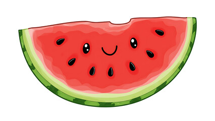 Cute cartoon illustration of a smiling watermelon slice isolated on white background, summer fruit design for stickers and kids graphics.