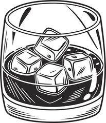 Illustration of a glass of whiskey with ice cubes isolated on white background, capturing the essence of a refreshing drink