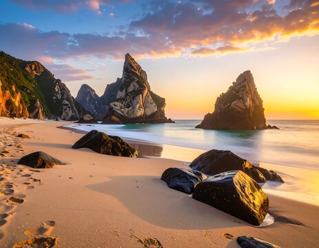 Sunrise at a secluded beach with dramatic rock formations