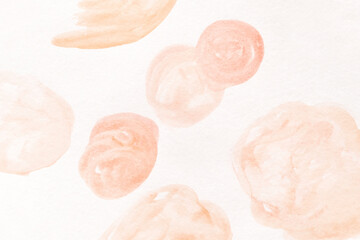 Abstract watercolor painting with soft peach and pink circular shapes on white background.