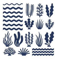 Fototapeta premium Underwater Seaweed and Algae Silhouettes Set with Wavy Water Pattern. Ocean Plant and Aquatic Vegetation Graphic Vector Collection.