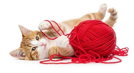A playful kitten lying on its back batting at a large red ball of yarn on a white background