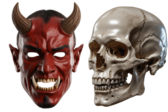 This image shows a red devil mask with horns placed next to a human skull, both at a slight angle, giving a better view of their features. 