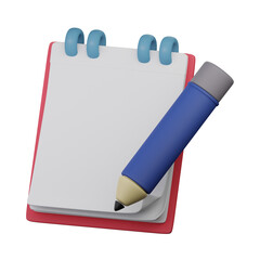 3D Notepad Icon with Red Cover, Blue Spiral Binding, and Blue Pen on Blank Pages
