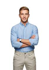 Young caucasian man, early twenties, blonde hair, blue eyes, confident smile, arms crossed, light blue button-up, beige chinos, on solid transparent background, high-end catalog advertising concept