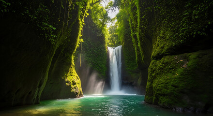 Obraz premium Hidden Waterfall Deep in Tropical Jungle Canyon