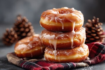Maple-glazed donuts stacked with dripping glaze, styled with plaid napkin and pinecones.