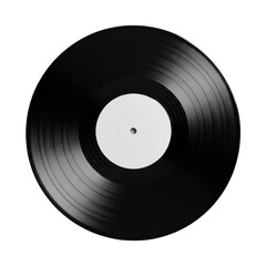 Obraz premium A pristine, highly reflective black vinyl LP record with intricate grooves and a blank white label, precisely angled on a smooth transparent background, bright studio light, concept of music artifact