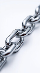 Obraz premium Close-up of strong metallic chain links on white background. 