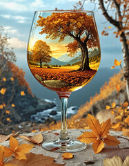 Creative glass with autumn landscape inside and falling leaves on a blurred background